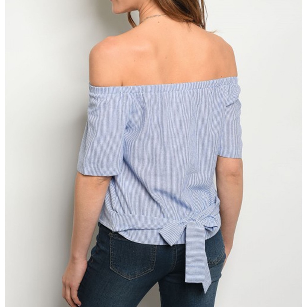 Black and White Stripe Off Shoulder Poplin Top - Picture 2 of 3